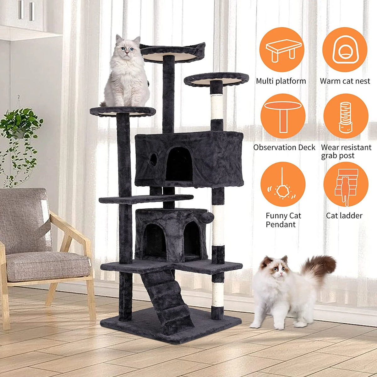 54in Dark Gray Cat Tree Tower with Scratching Posts B3597