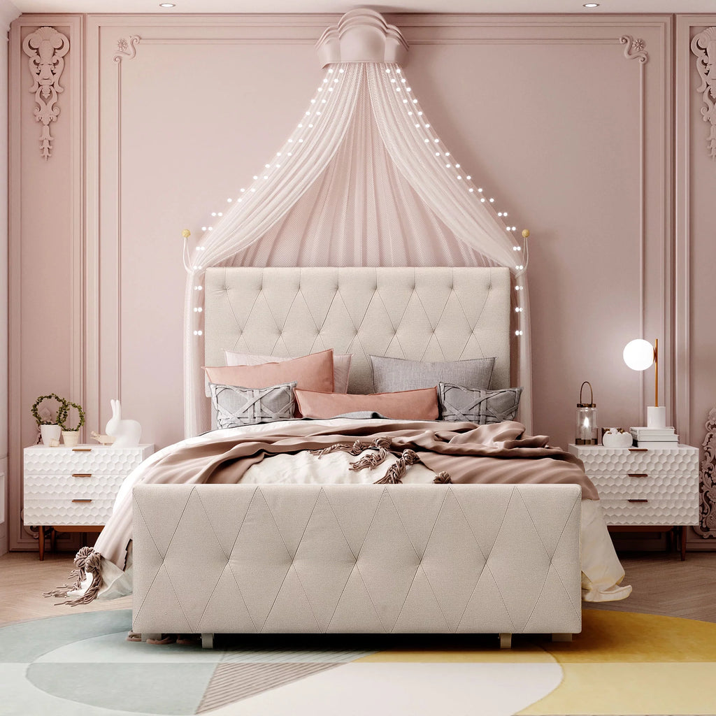 Beige Twin Size Metal Platform Bed with Linen Upholstered Headboard and Storage Drawer Q509652