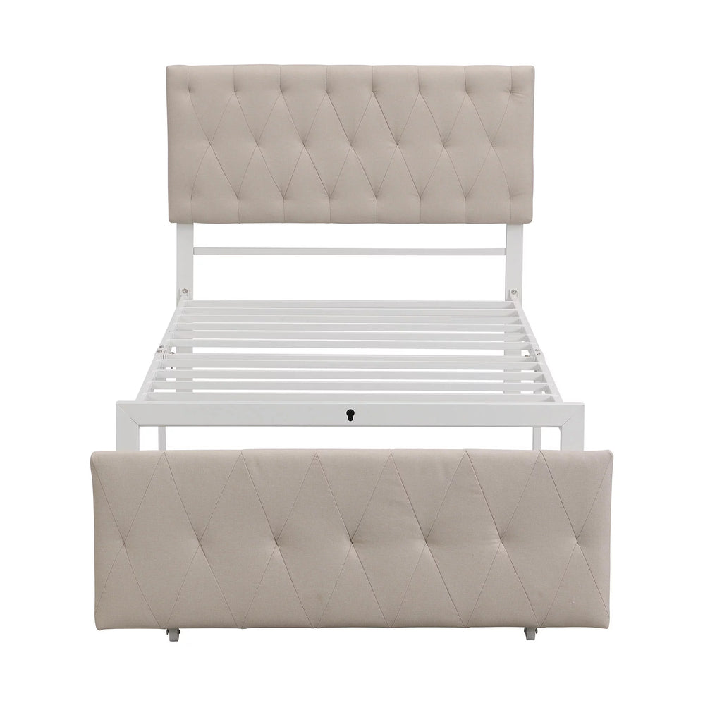 Beige Twin Size Metal Platform Bed with Linen Upholstered Headboard and Storage Drawer Q509652