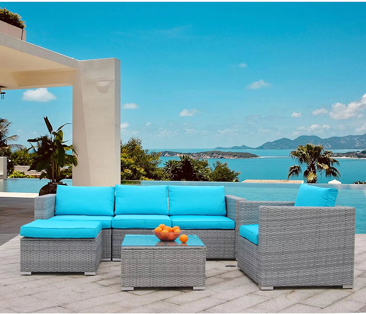 6 Pieces PE Rattan Wicker Outdoor Sofa Conversation Set with Cushions S1122