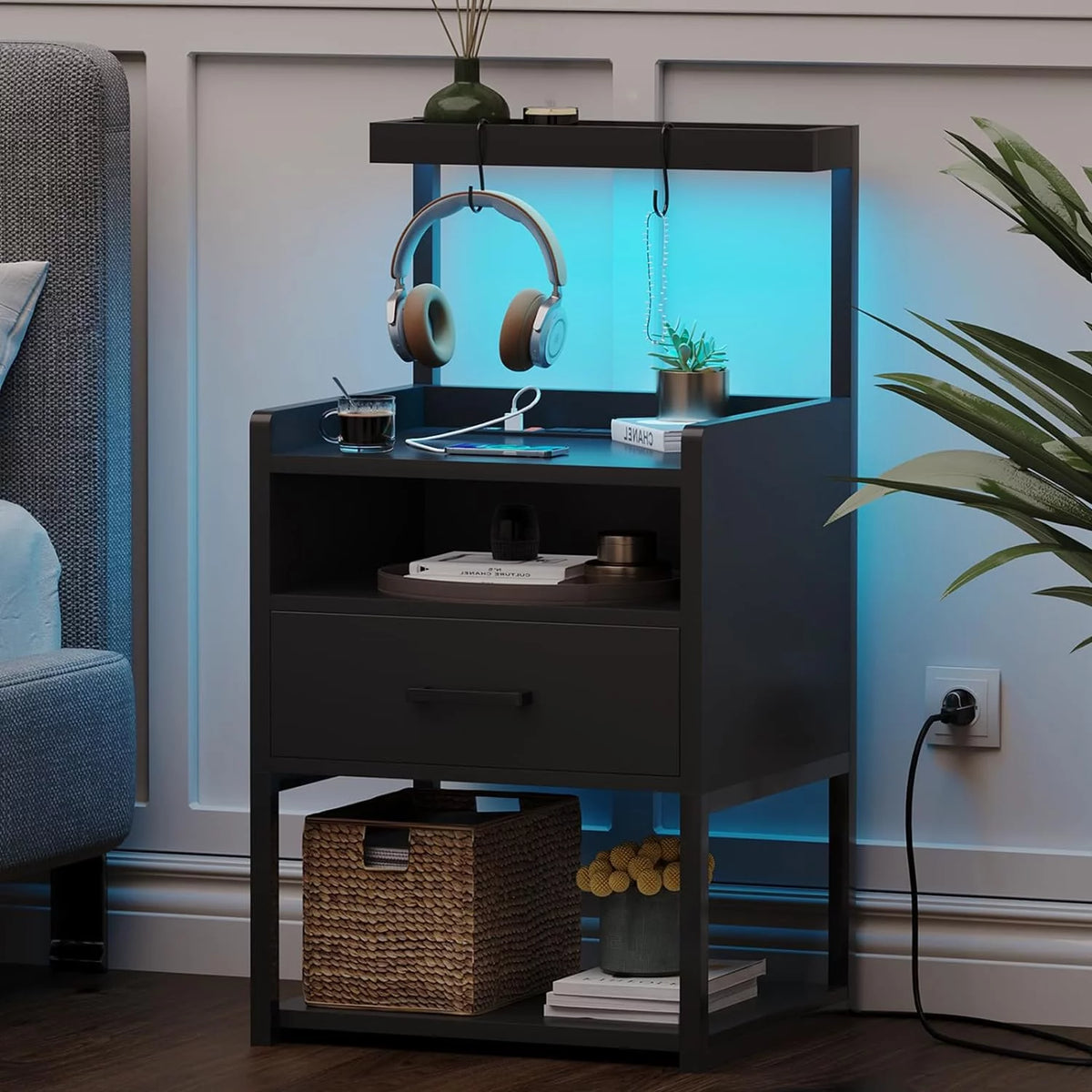 Black Nightstand with Charging Station and LED Lights B2726