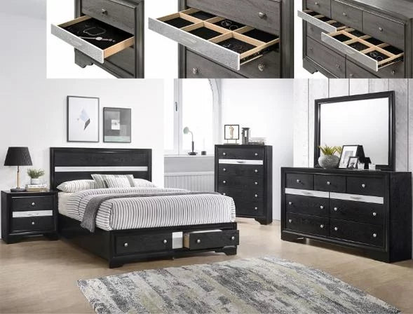 Black 5pc King Size Storage Bed Dresser Mirror Nightstand Set E729