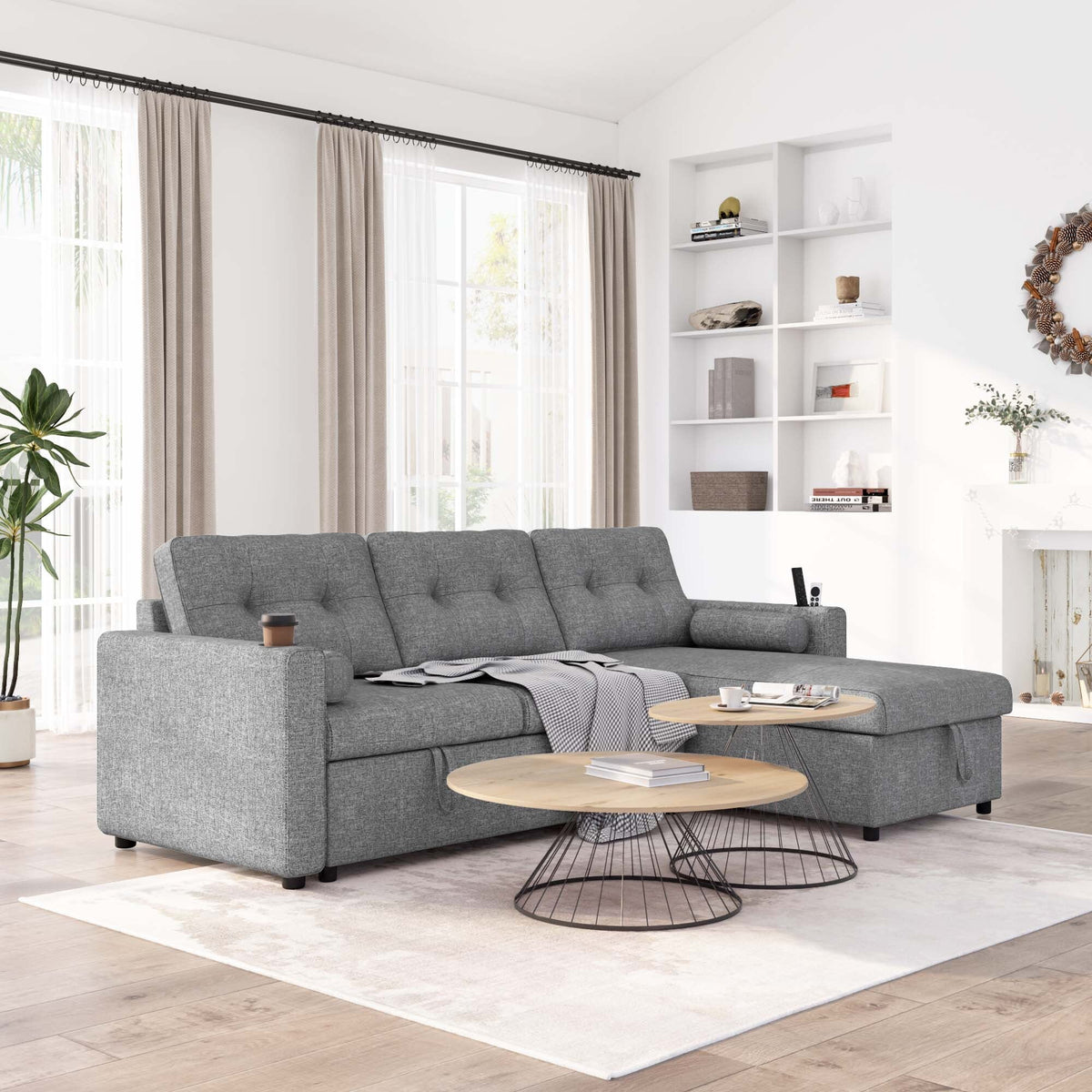 Gray L Shape Sofa Bed with Storage Chaise Q387