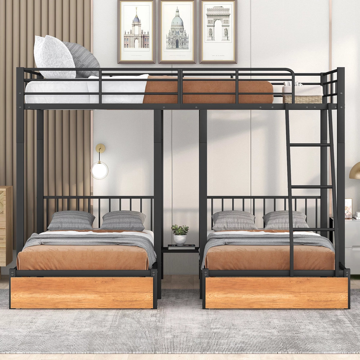 Black Metal Triple Bunk Bed with Drawers P803