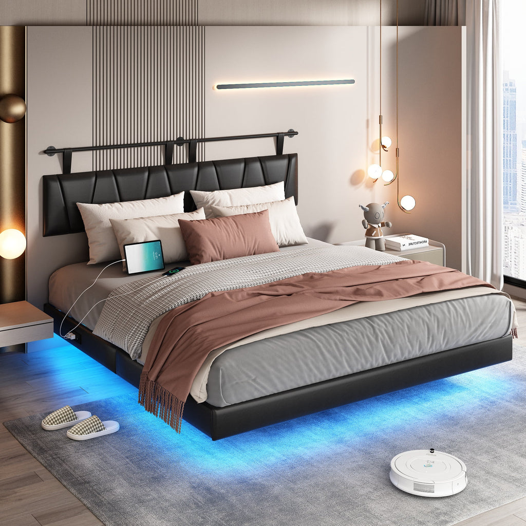 King Size Floating Upholstered Platform Bed with LED Light & Power Charging Station A5255