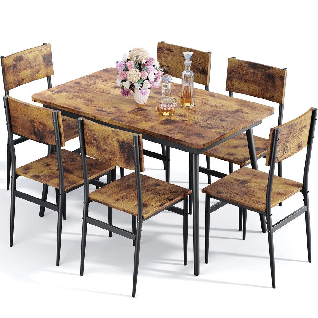 Extendable Kitchen Table Set for 4-6 People, 7-Piece Dining Table Set With 6 Chairs R26002
