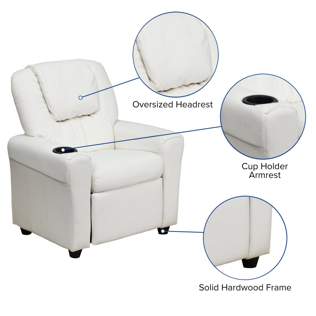 White Vinyl Kids Recliner with Cup Holder D584375