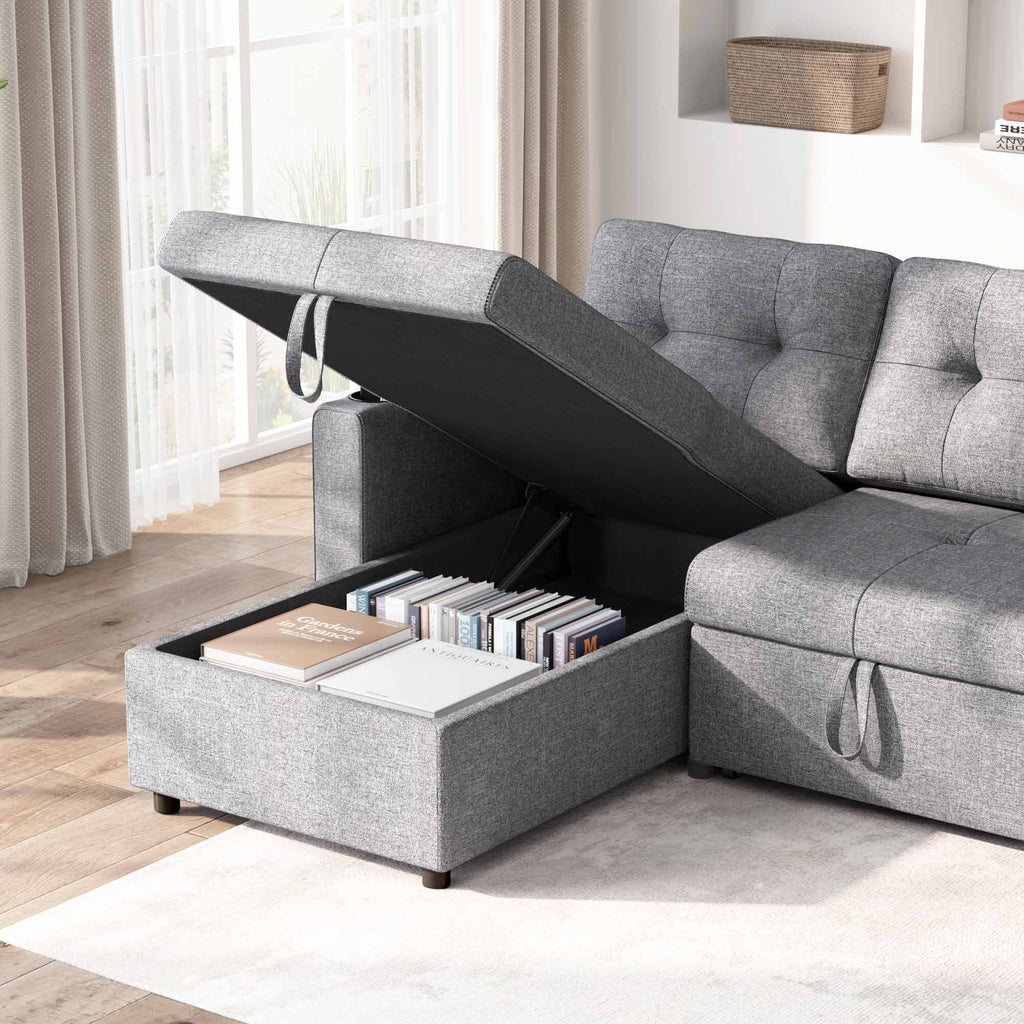 Gray L Shape Sofa Bed with Storage Chaise Q387