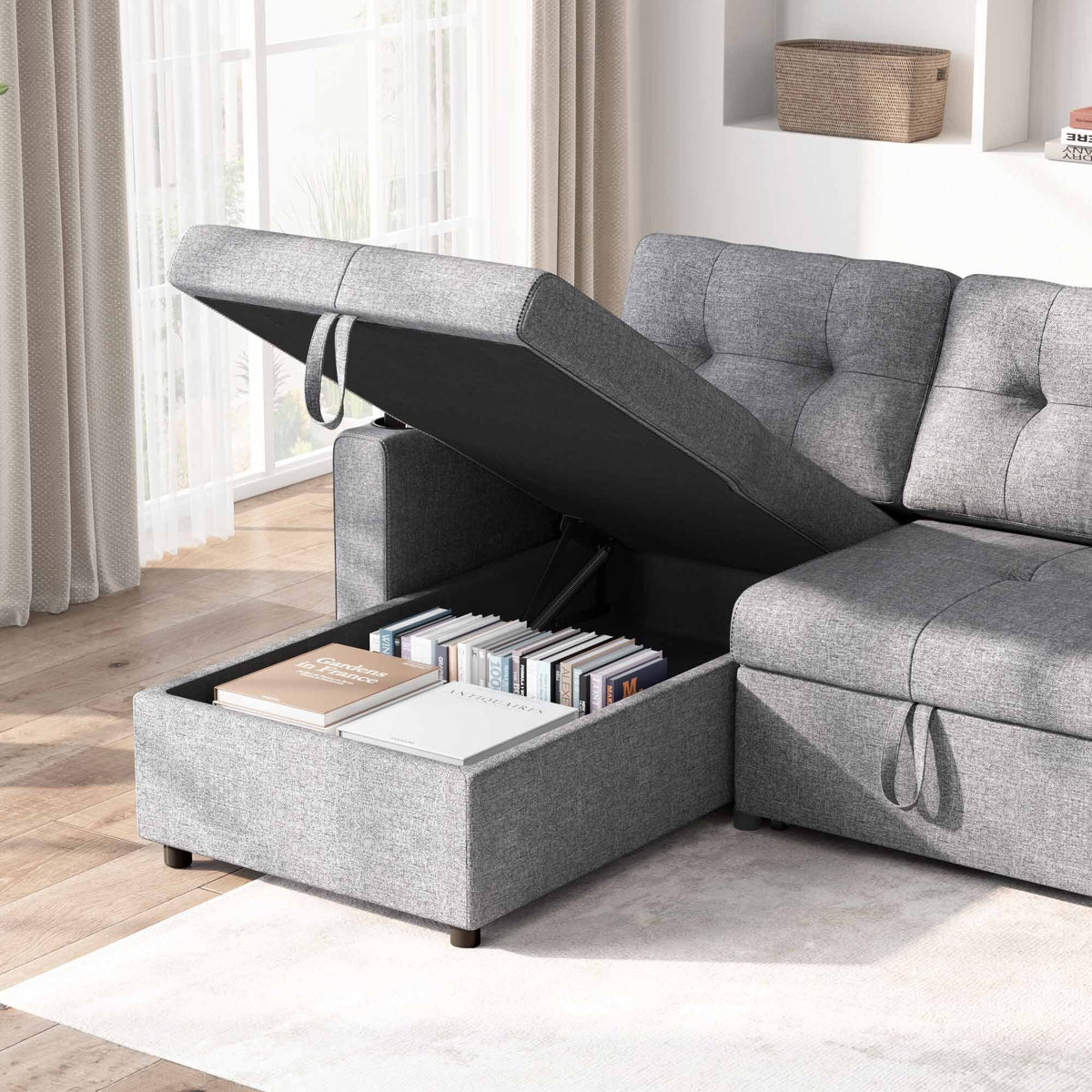 Gray L Shape Sofa Bed with Storage Chaise Q387