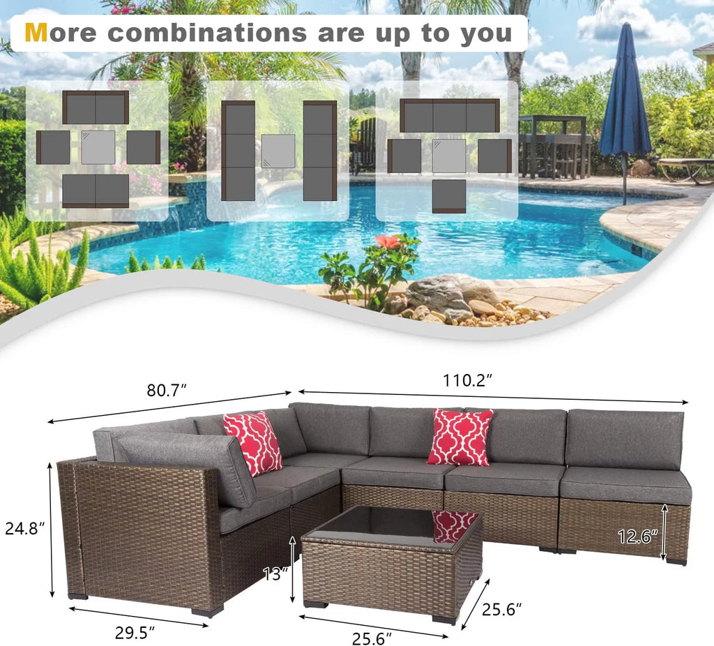 7 Pcs Wicker Patio Furniture Set with Gray Cushions D95130