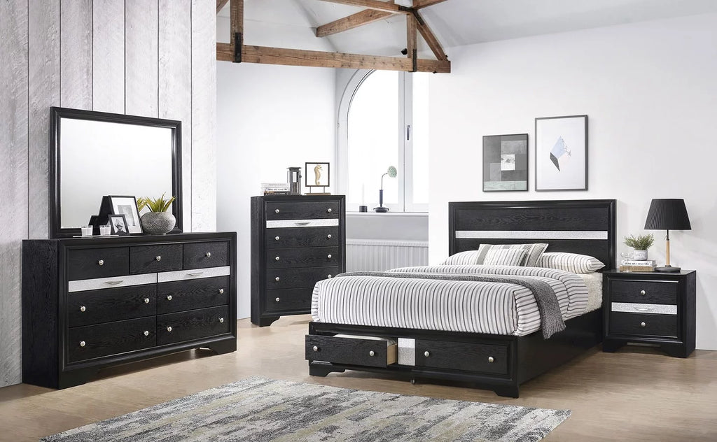 Black 5pc King Size Storage Bed Dresser Mirror Nightstand Set E729