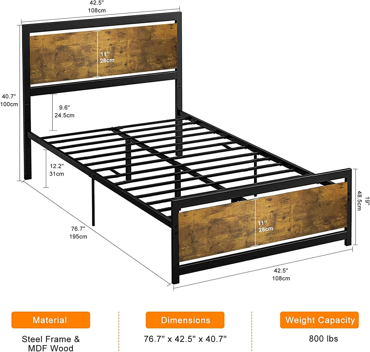 King Size Metal Bed Frame with Wood Headboard Y7218