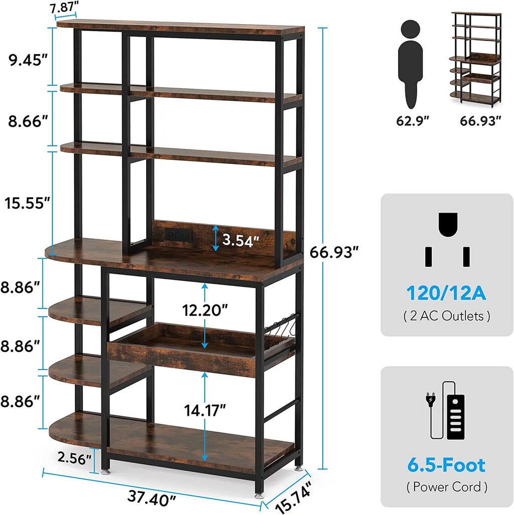 Brown 10-Tier Kitchen Bakers Rack with Power Outlets F1878