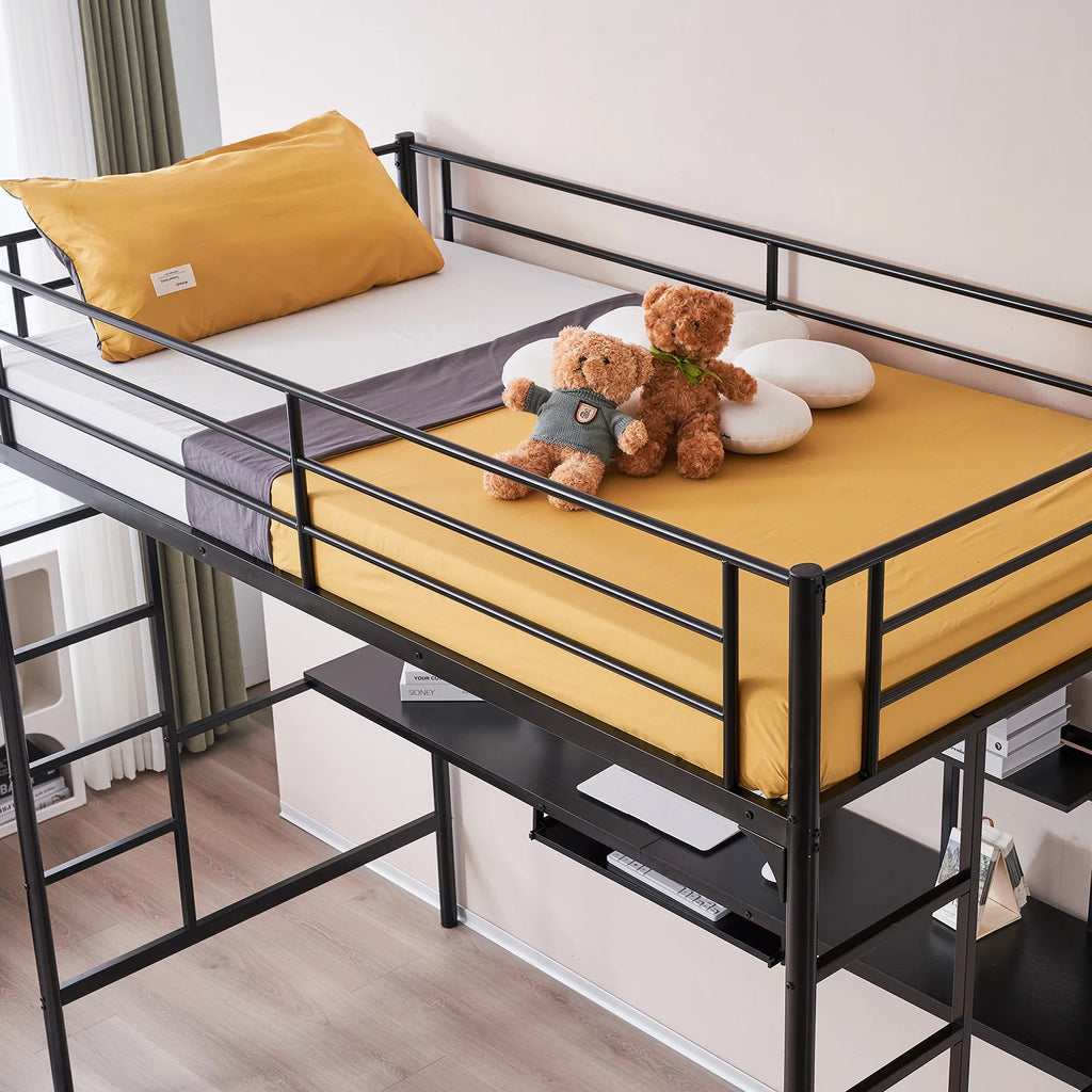 Black Metal Twin Loft Bed with Desk W492