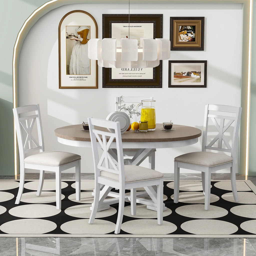 5-Piece Extendable Round Dining Table Set with 4 Upholstered Chairs E617