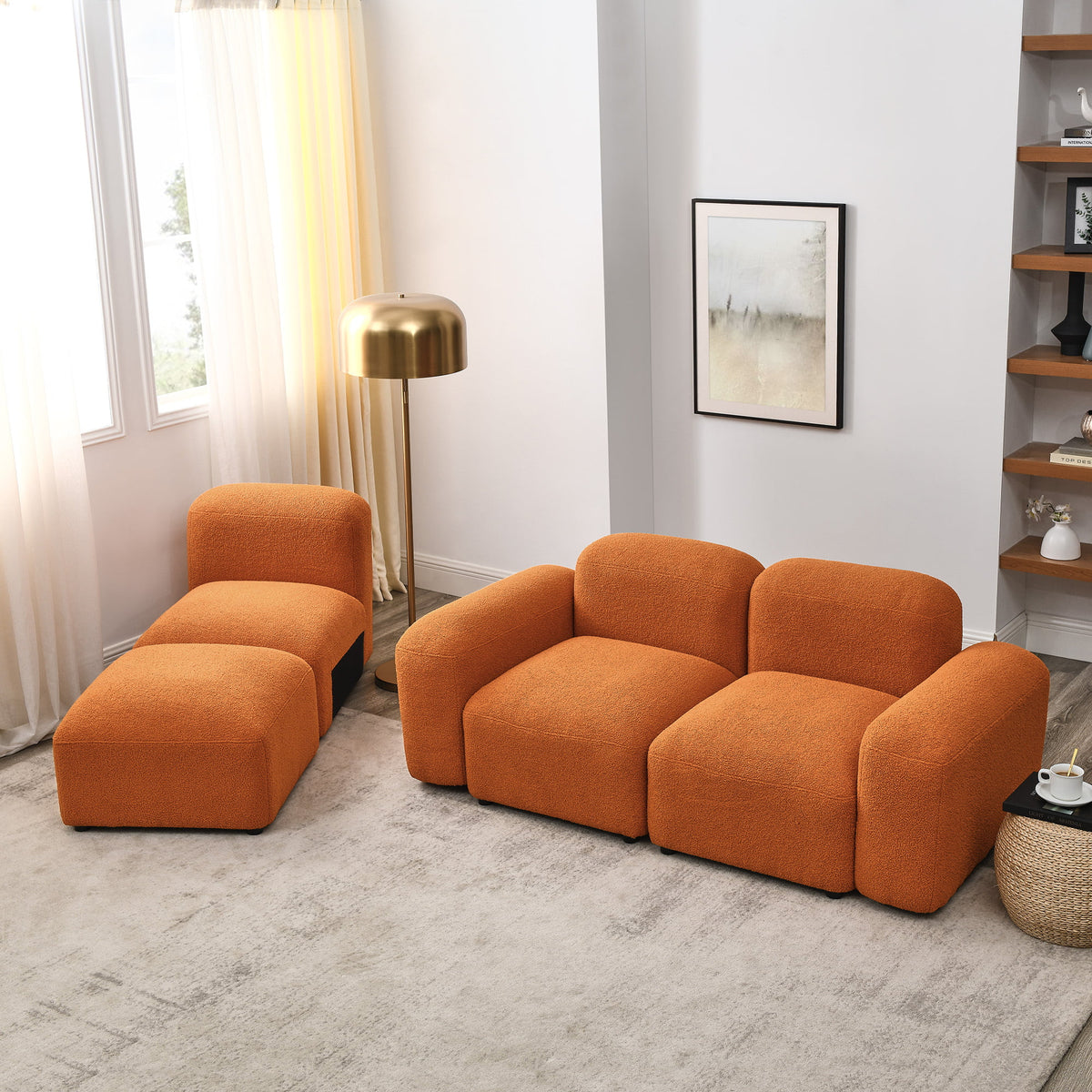 L-Shape Modular Sectional Sofa with 2 Pillows Teddy Fabric Orange M406978