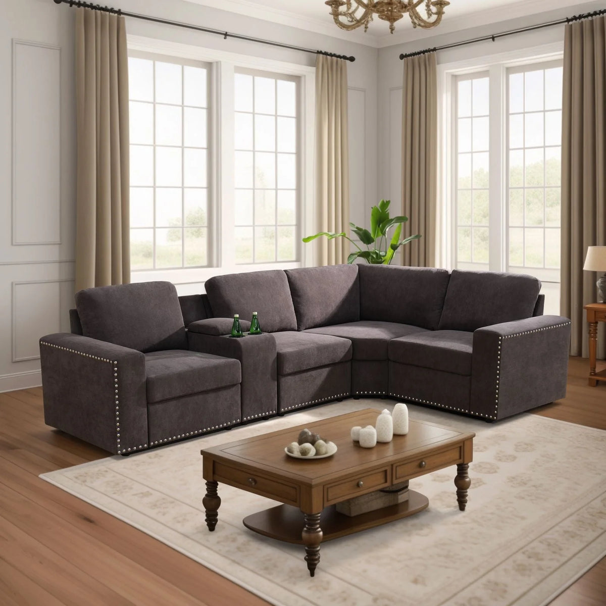 Brown 5-Pieces USB Power Outlet Sofa Set M728