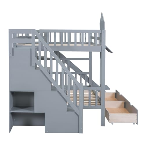 Full Over Full Solid Wood Bunk Bed with Slide and Storage Staircase N460