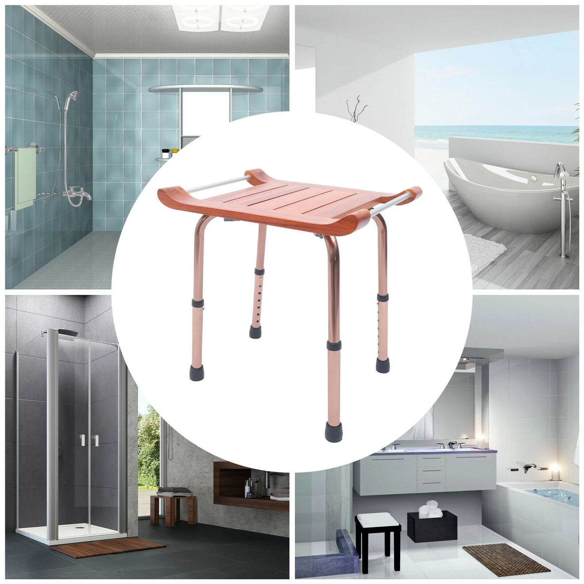 Teak Shower Stool Bathroom Bench Adjustable Non-Slip S827
