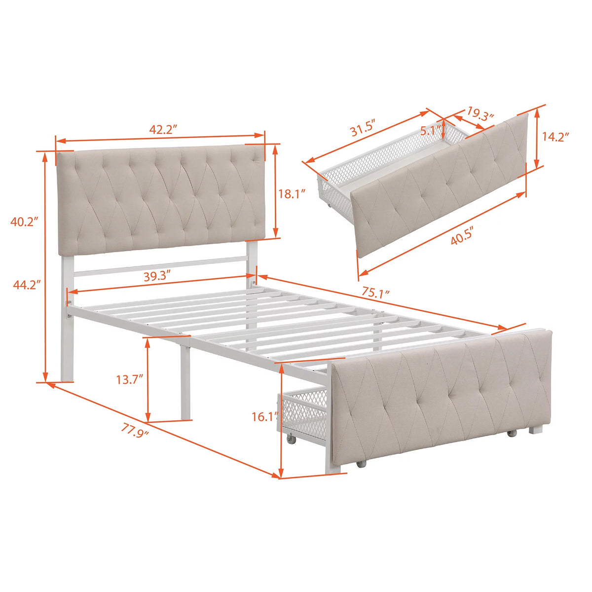 Beige Twin Size Metal Platform Bed with Linen Upholstered Headboard and Storage Drawer Q509652