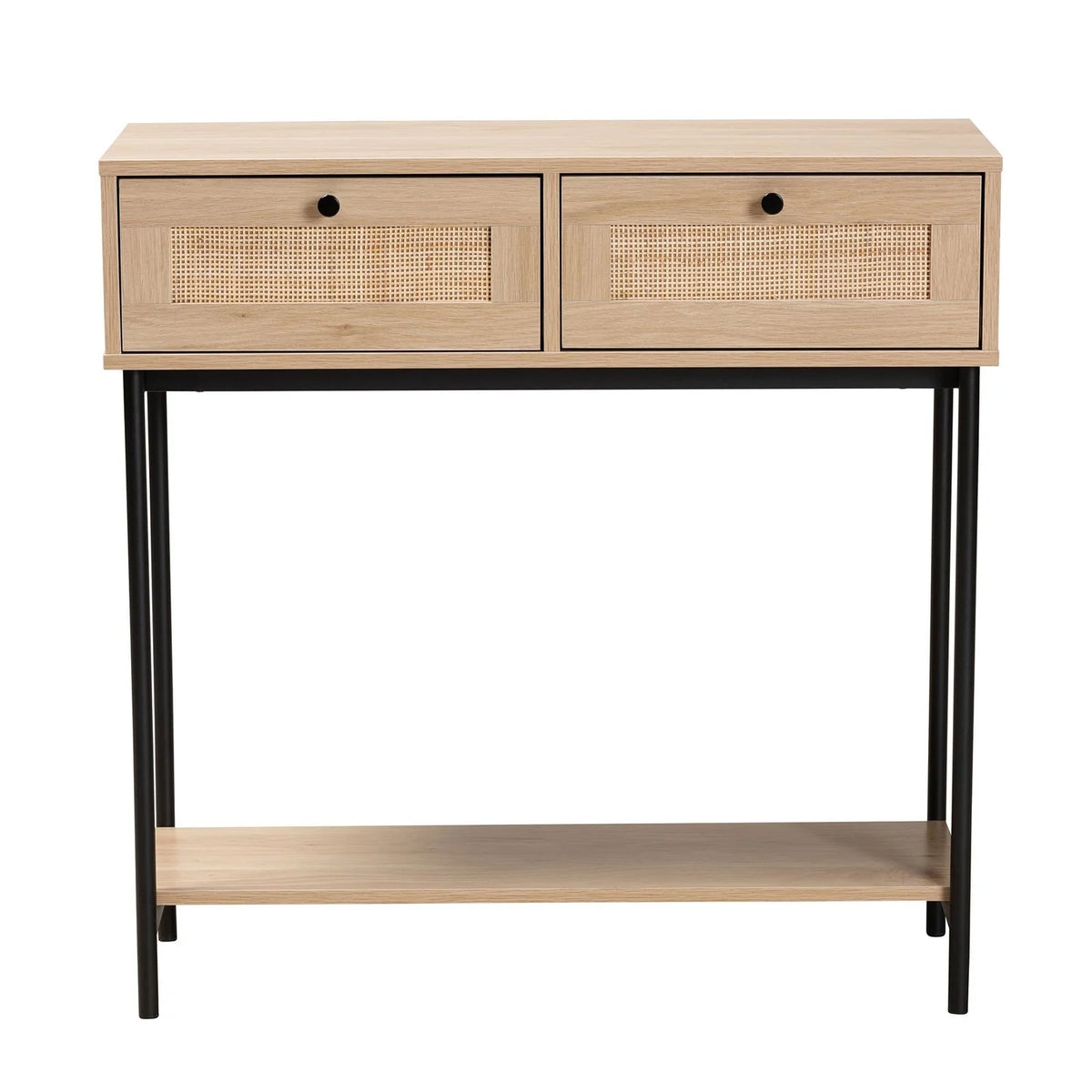 Brown and Black 2-Drawer Console Table with Rattan Accent G7314