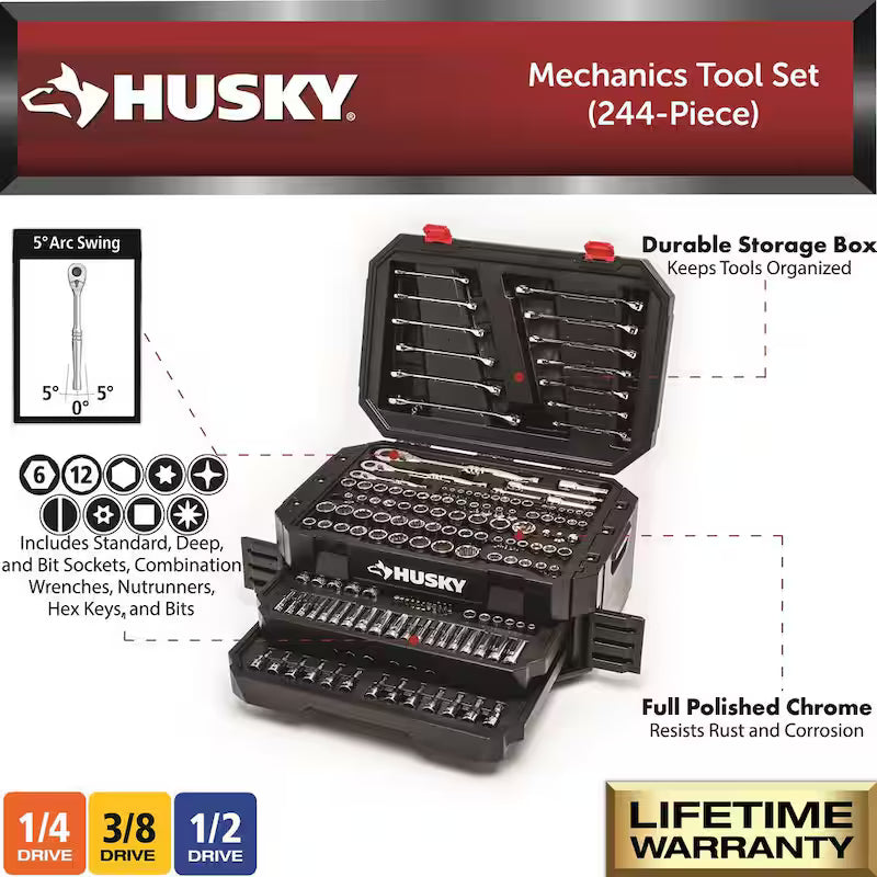 1/4 in., 3/8 in. and 1/2 in. 72-Tooth Ratchet Mechanics Tool Set (244-Piece) W16556