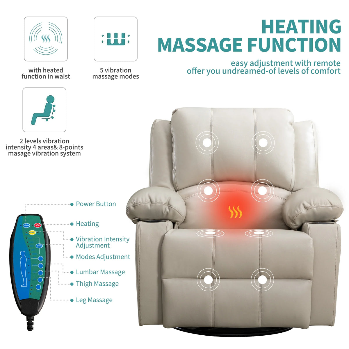 38.19" Wide Manual Swivel Rocker Recliner Chair with Massager and Heat L925013