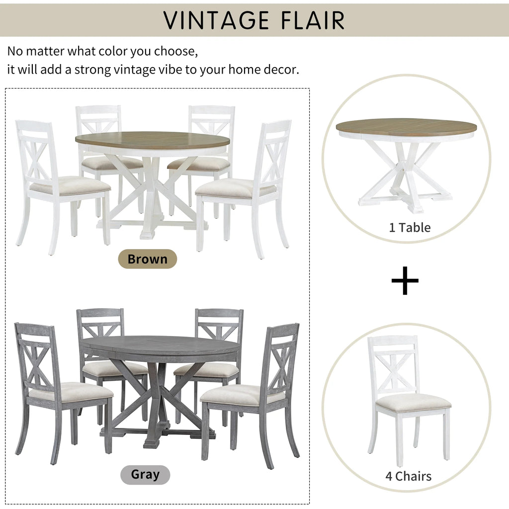 5-Piece Extendable Round Dining Table Set with 4 Upholstered Chairs E617