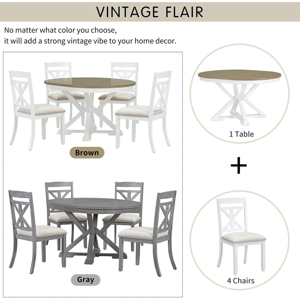 5-Piece Extendable Round Dining Table Set with 4 Upholstered Chairs E617