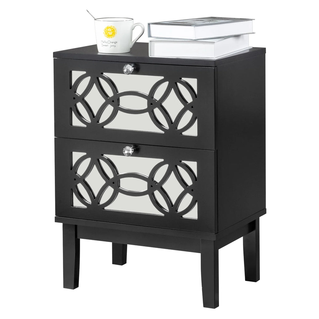 Black Modern Bedside Table with Storage Drawers and Smoked Mirror R690