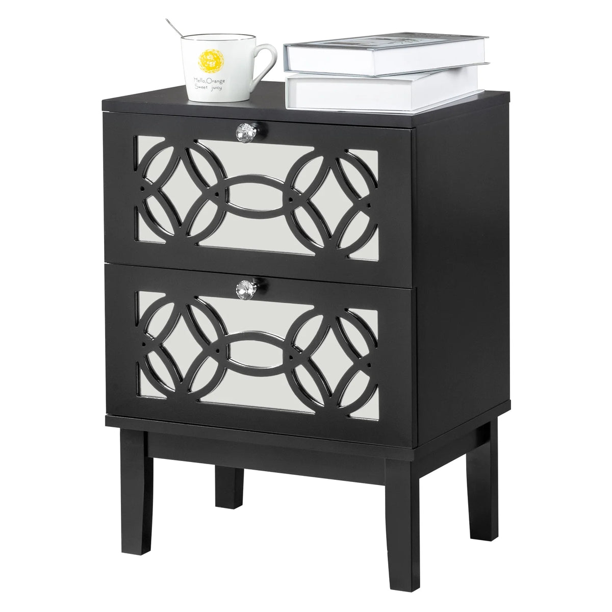 Black Modern Bedside Table with Storage Drawers and Smoked Mirror R690
