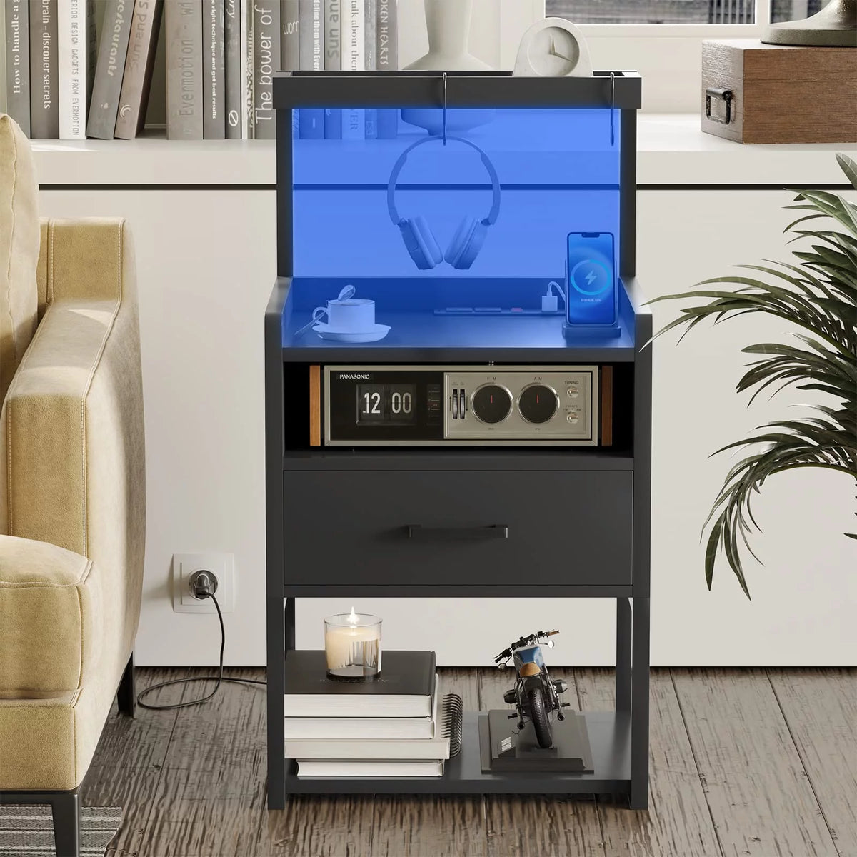 Black Nightstand with Charging Station and LED Lights B2726