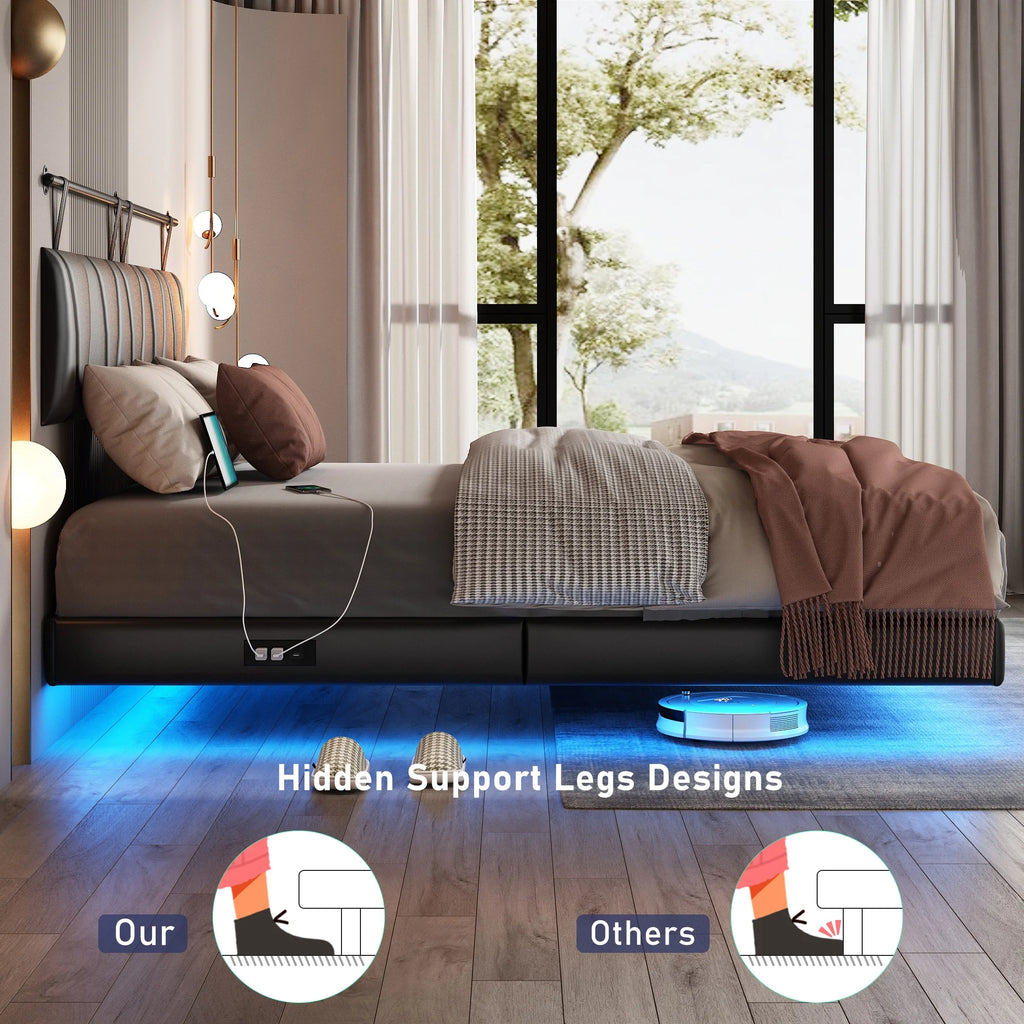 King Size Floating Upholstered Platform Bed with LED Light & Power Charging Station A5255