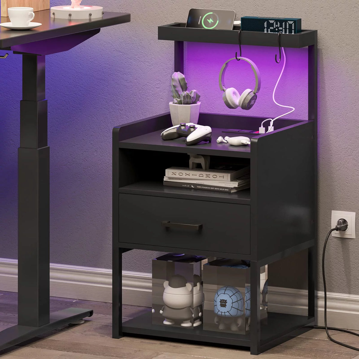 Black Nightstand with Charging Station and LED Lights B2726