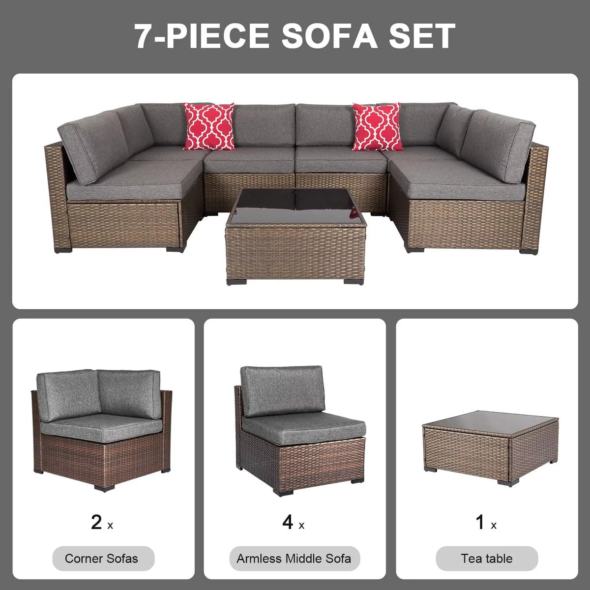 7 Pcs Wicker Patio Furniture Set with Gray Cushions D95130
