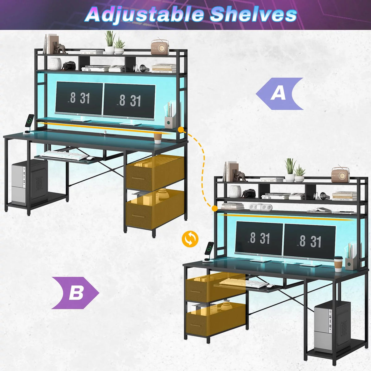 Black 55 inches Computer Gaming Desk with Bookshelf and 2 Drawers R684540