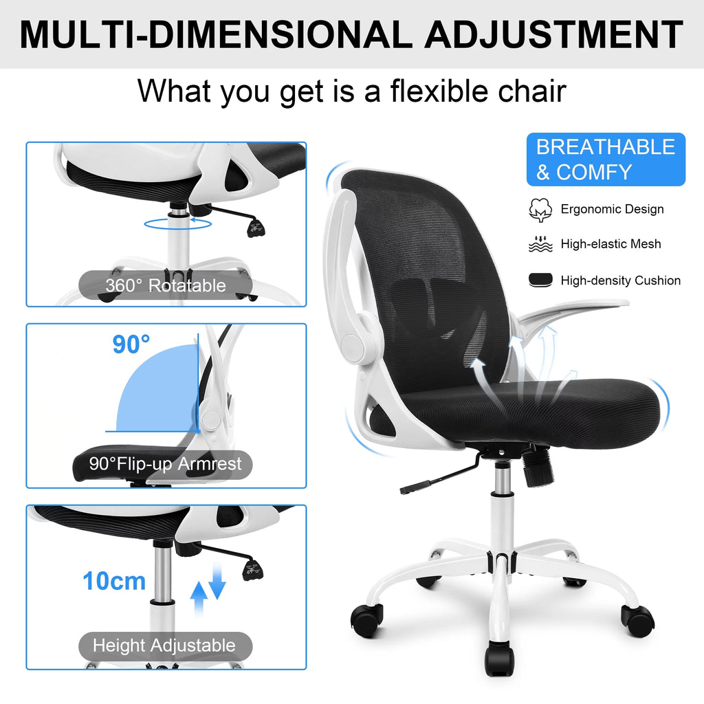 White Ergonomic Mesh Office Chair with Flip up Armrests B3896