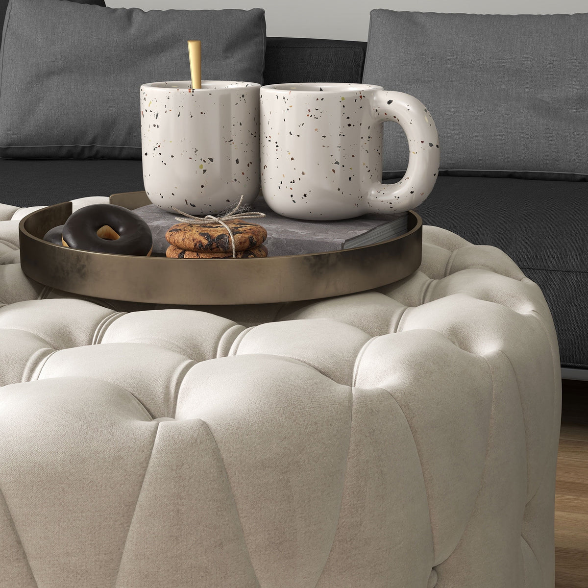 Beige Velvet-Feel Tufted Ottoman N171726
