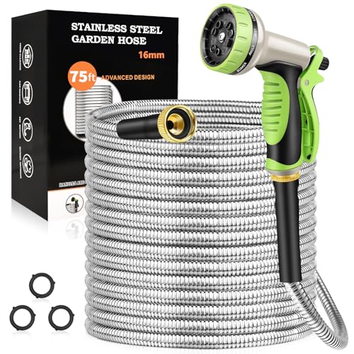 50FT Stainless Steel Heavy Duty Garden Hose with 10 Function Nozzle F222