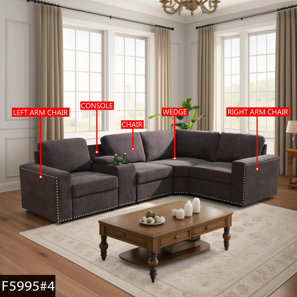 Brown 5-Pieces USB Power Outlet Sofa Set M728
