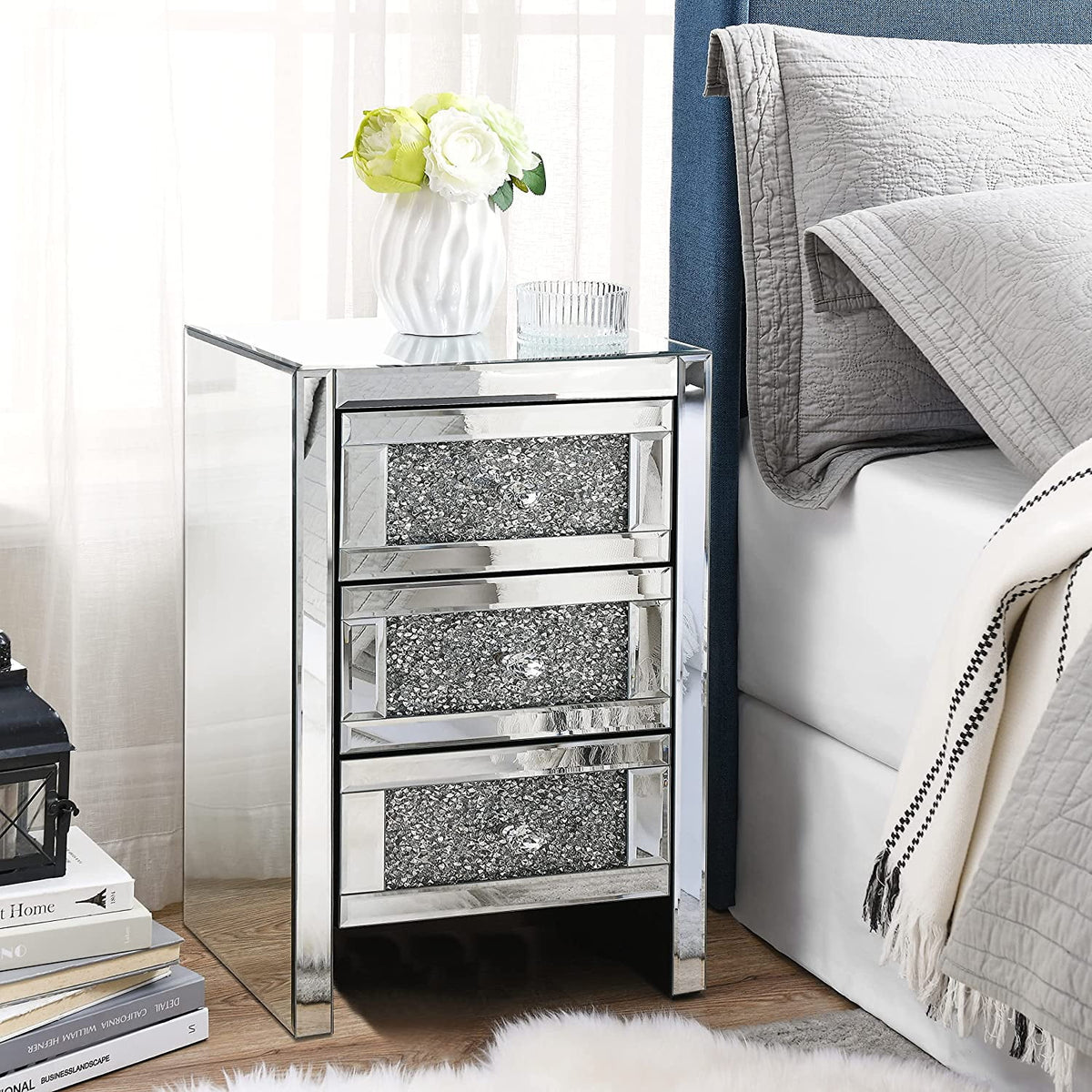 Mirrored 3-Drawer Crystal Nightstand Y3915