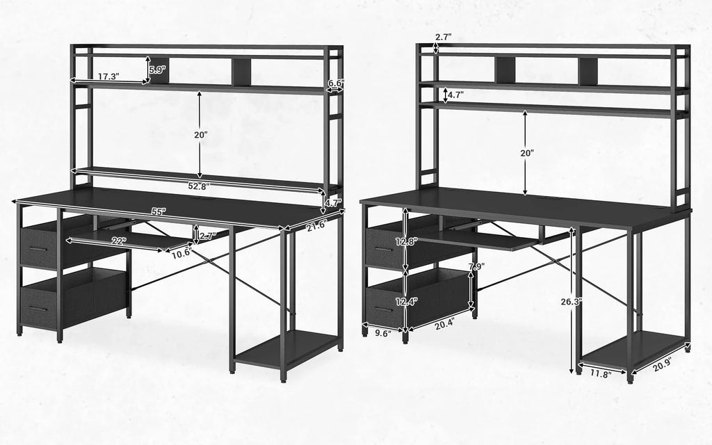 Black 55 inches Computer Gaming Desk with Bookshelf and 2 Drawers R684540