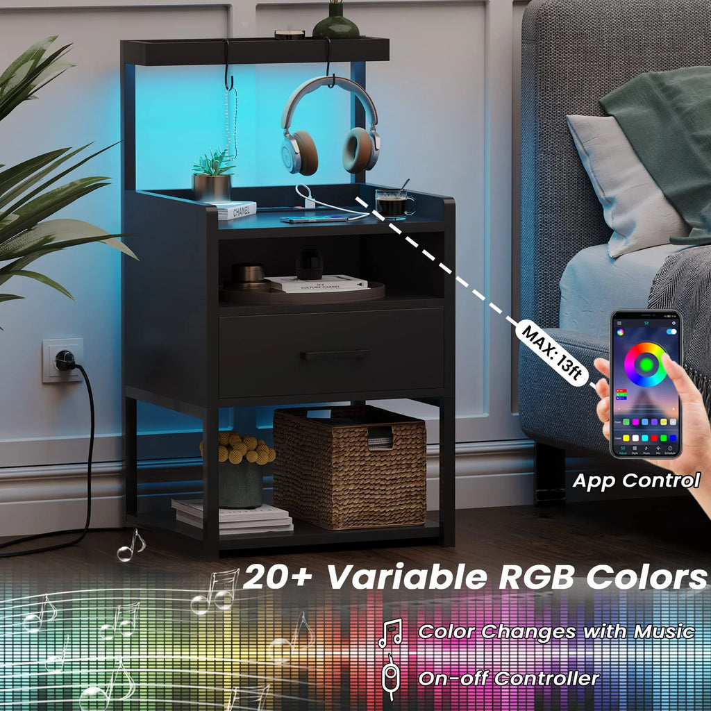 Black Nightstand with Charging Station and LED Lights B2726