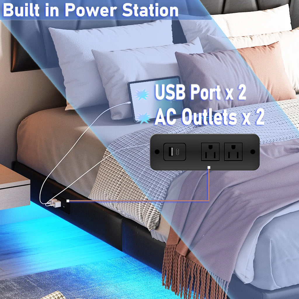 King Size Floating Upholstered Platform Bed with LED Light & Power Charging Station A5255