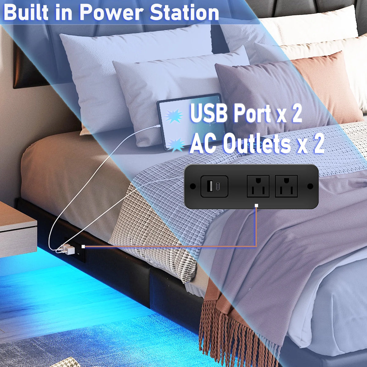 King Size Floating Upholstered Platform Bed with LED Light & Power Charging Station A5255