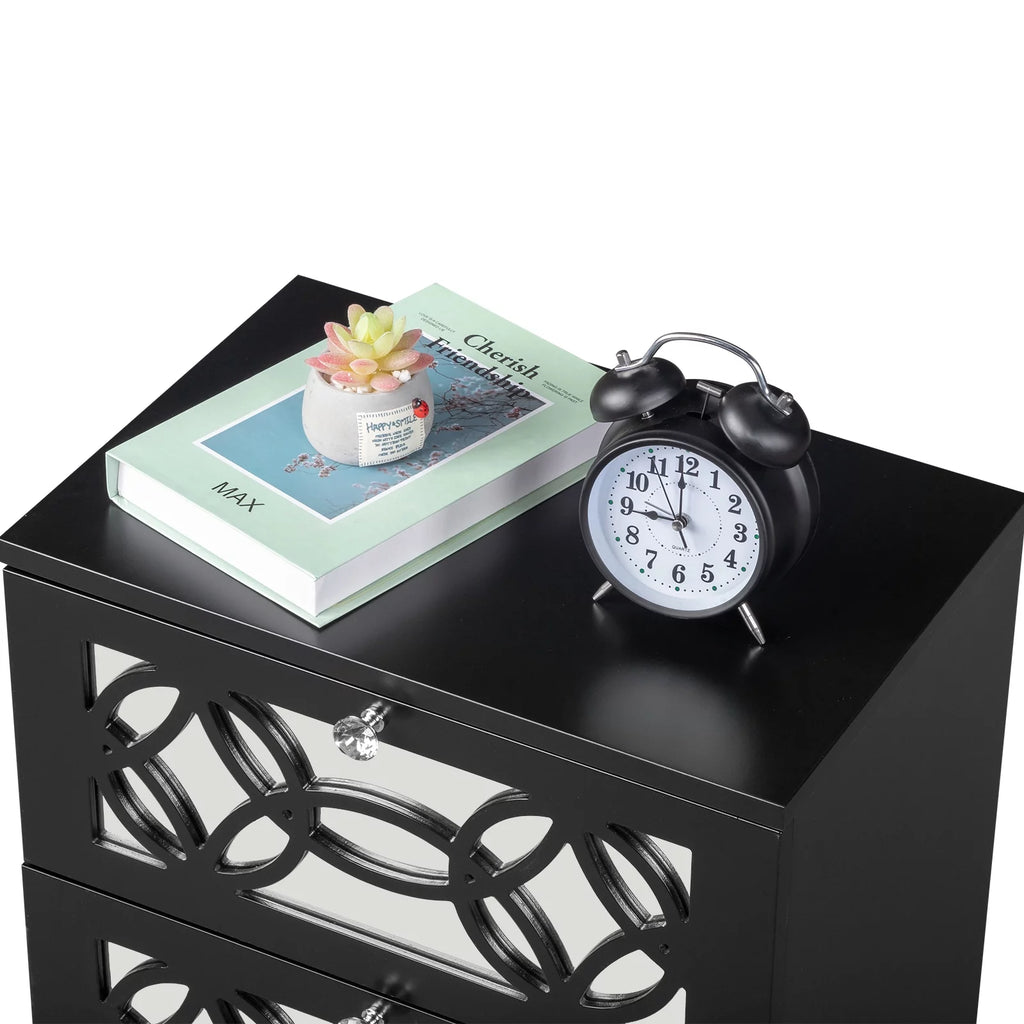 Black Modern Bedside Table with Storage Drawers and Smoked Mirror R690