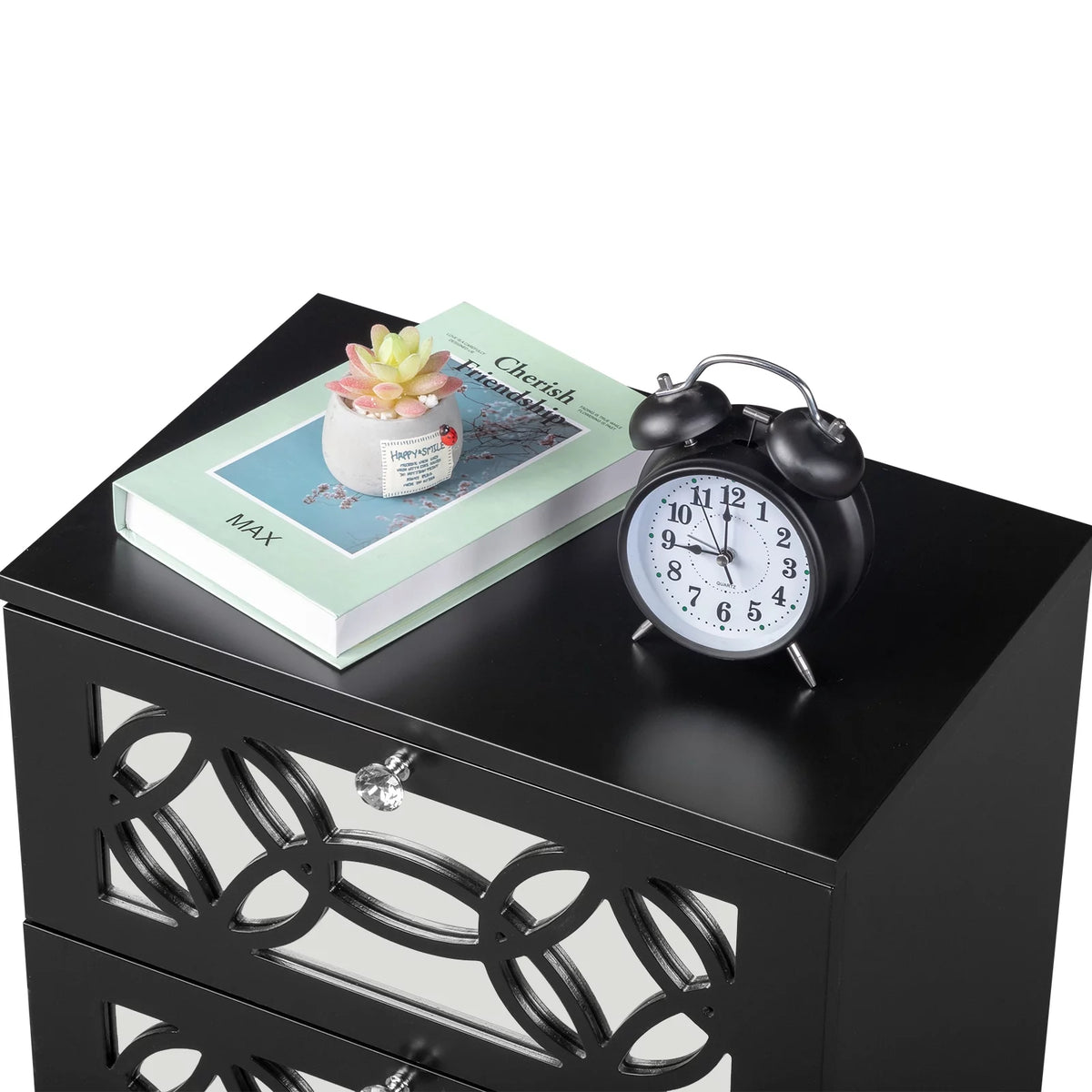 Black Modern Bedside Table with Storage Drawers and Smoked Mirror R690