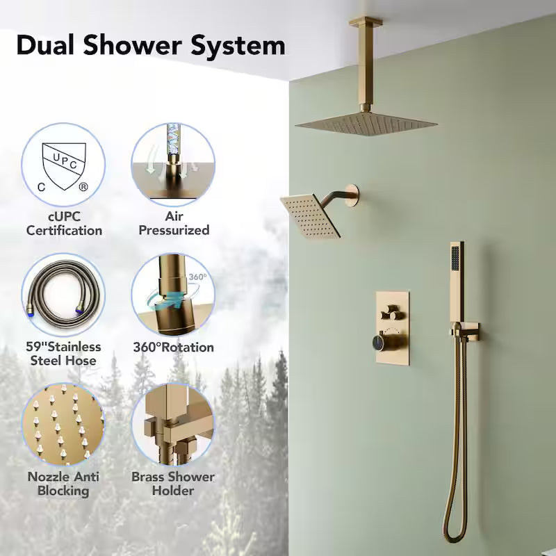 12 in. 6 in. Rainfall Wall and Ceiling Mount 2.5 GPM Fixed and Handheld Shower Head S7184