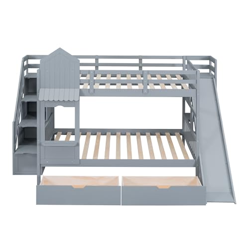 Full Over Full Solid Wood Bunk Bed with Slide and Storage Staircase N460