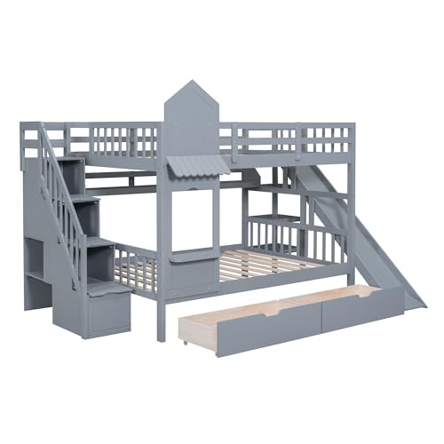 Full Over Full Solid Wood Bunk Bed with Slide and Storage Staircase N460
